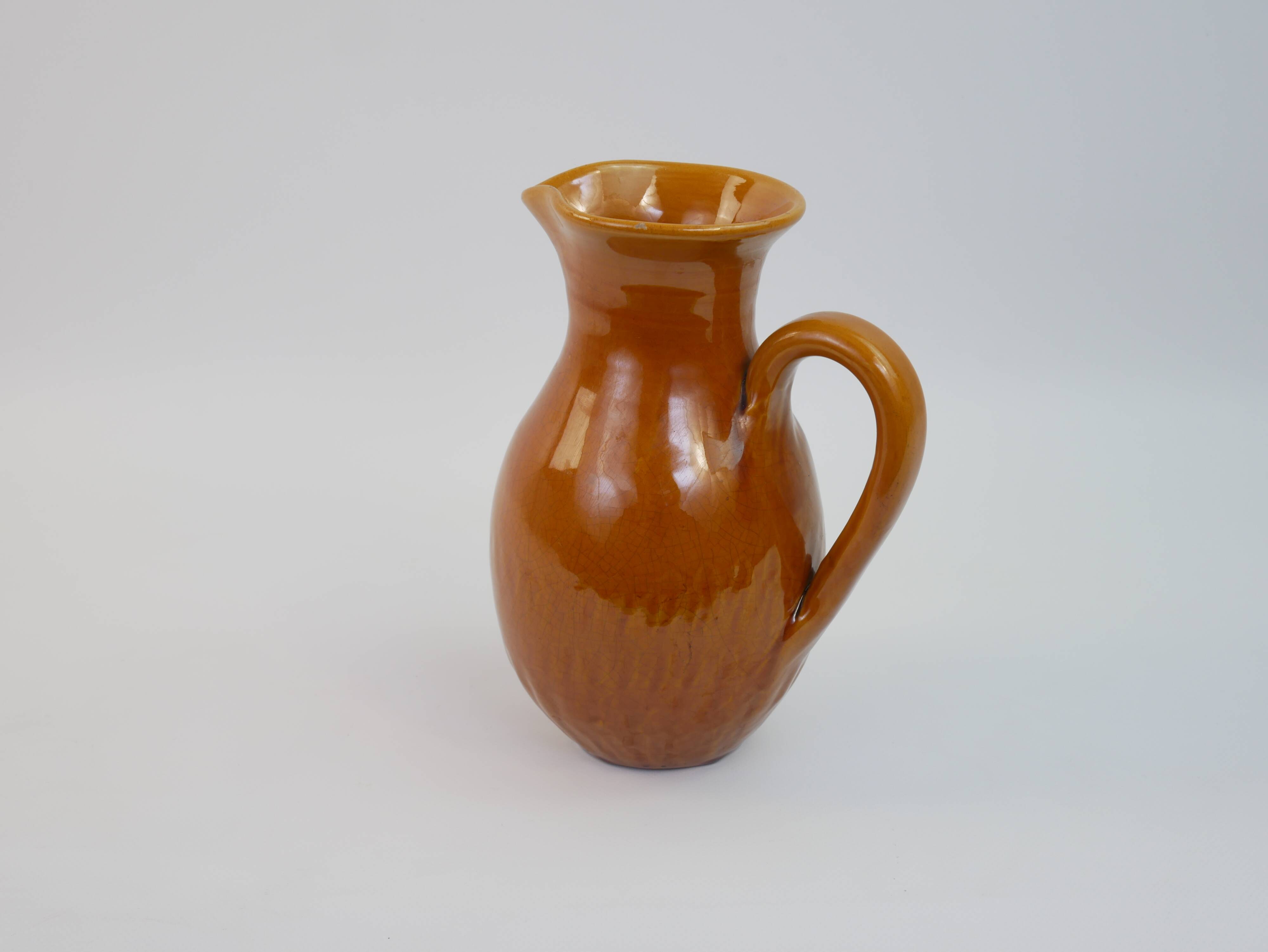Yellow ochre ceramic pitcher signed Félix Céram Vallauris circa 1960