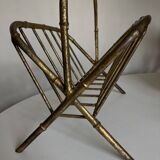 1960s magazine rack in gilded wrought iron, faux bamboo, Italian work