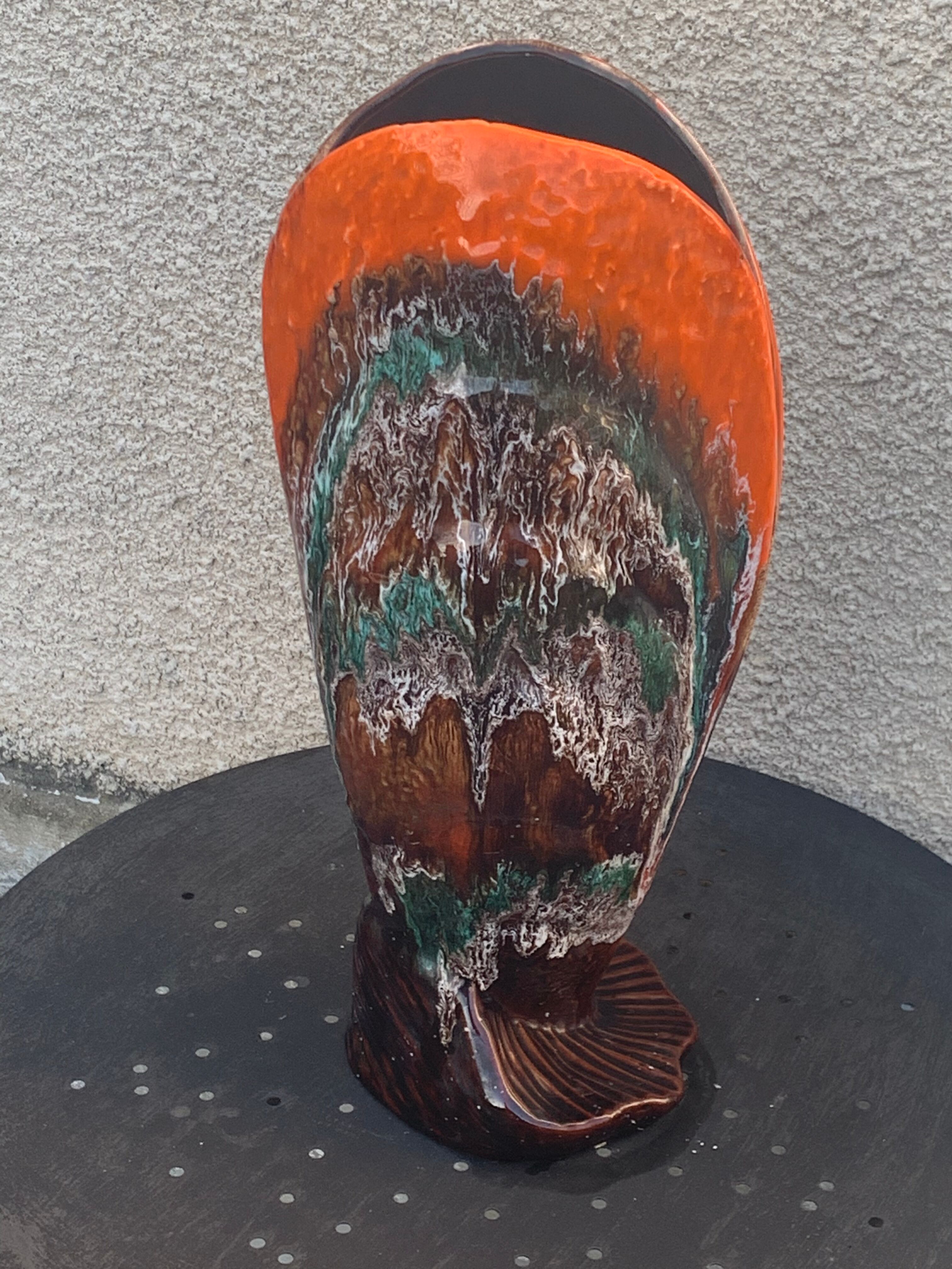 Flamed glazed ceramic slip vase molded pearly vintage vallauris