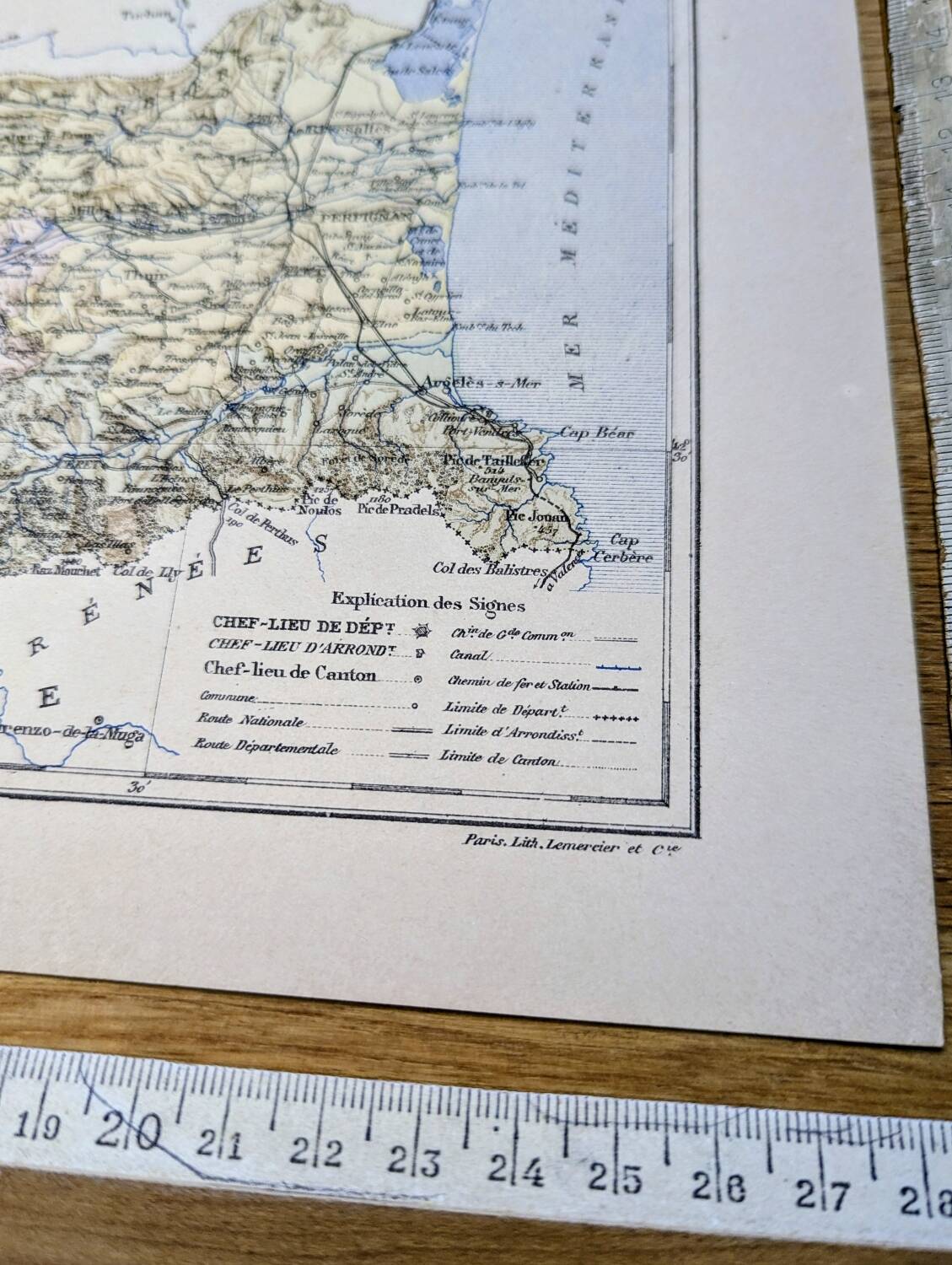 Map of Pyrénées-Orientales, 1889. Authentic Vintage.