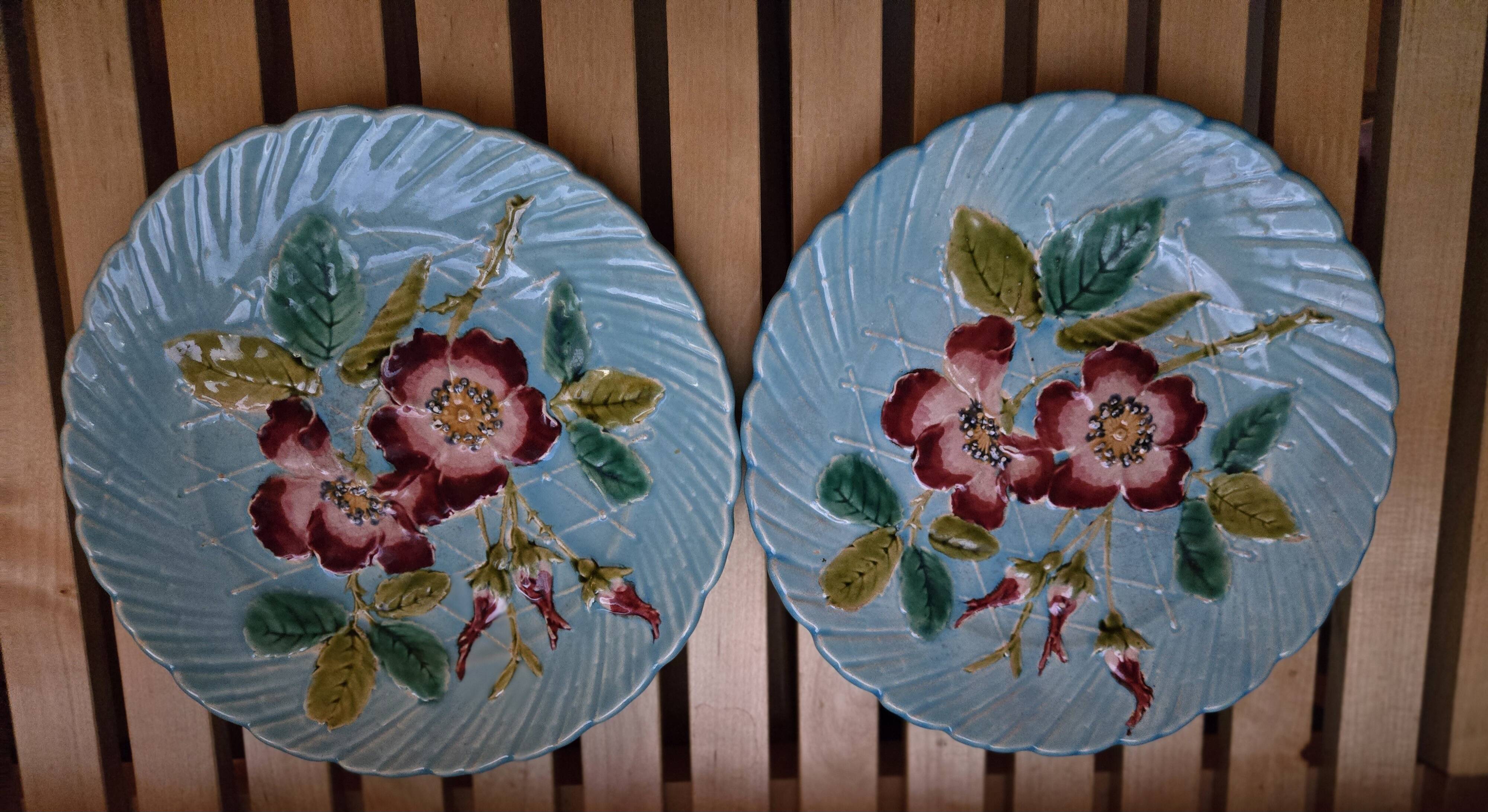 Sarreguemines plates majolica with pink wild roses