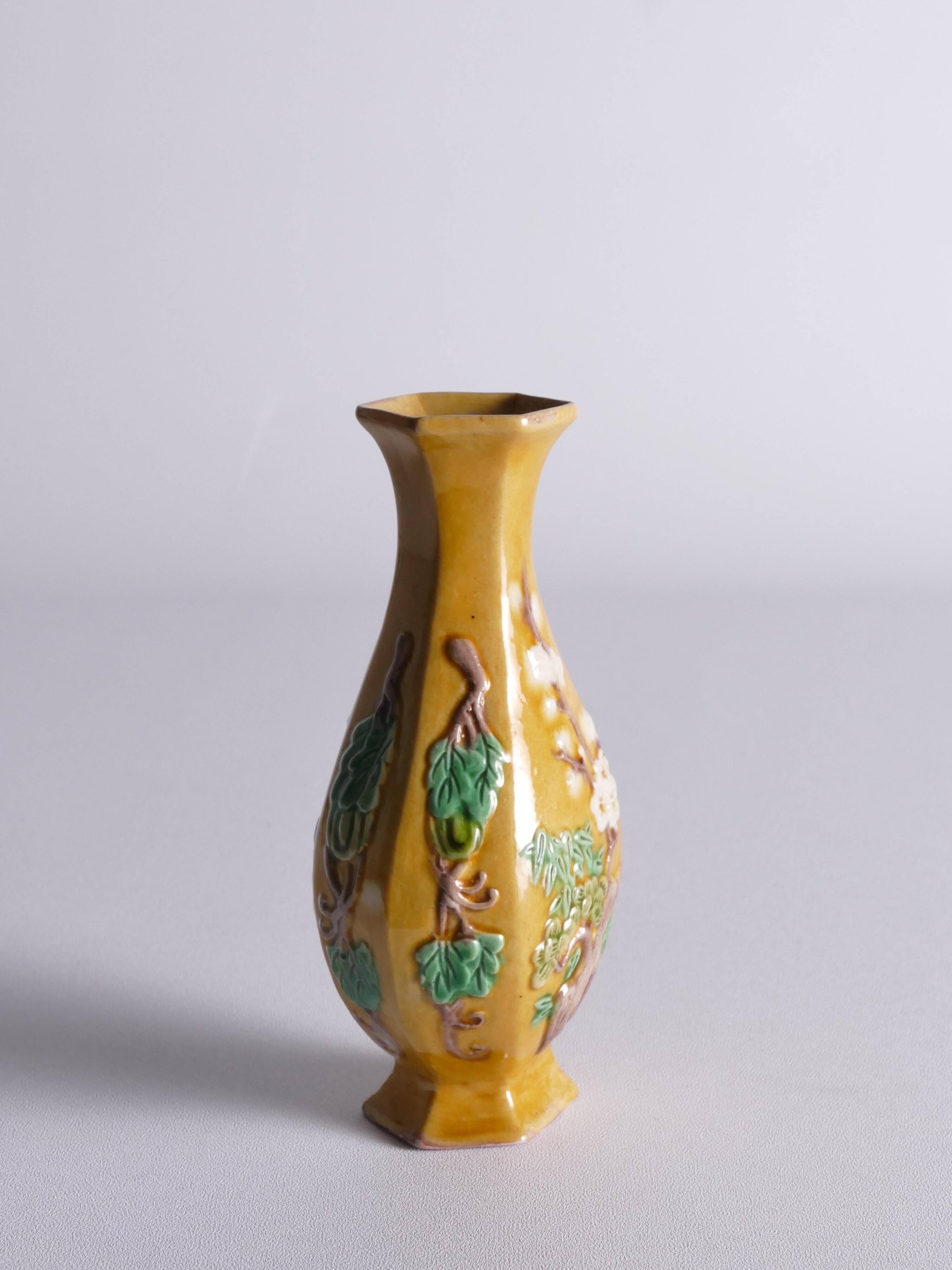 Chinese Yellow Glazed Hexagonal Relief Porcelain Vase with Prunus Motif