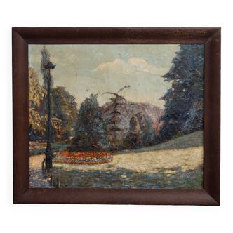 Huile sur toile par André Marait 1921 paysage jardin fleuri XXe