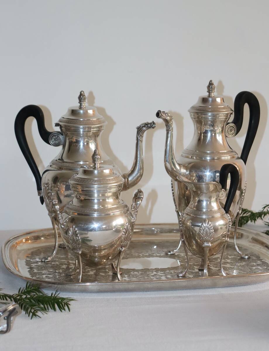 Silver-plated metal tea and coffee service in Empire style.