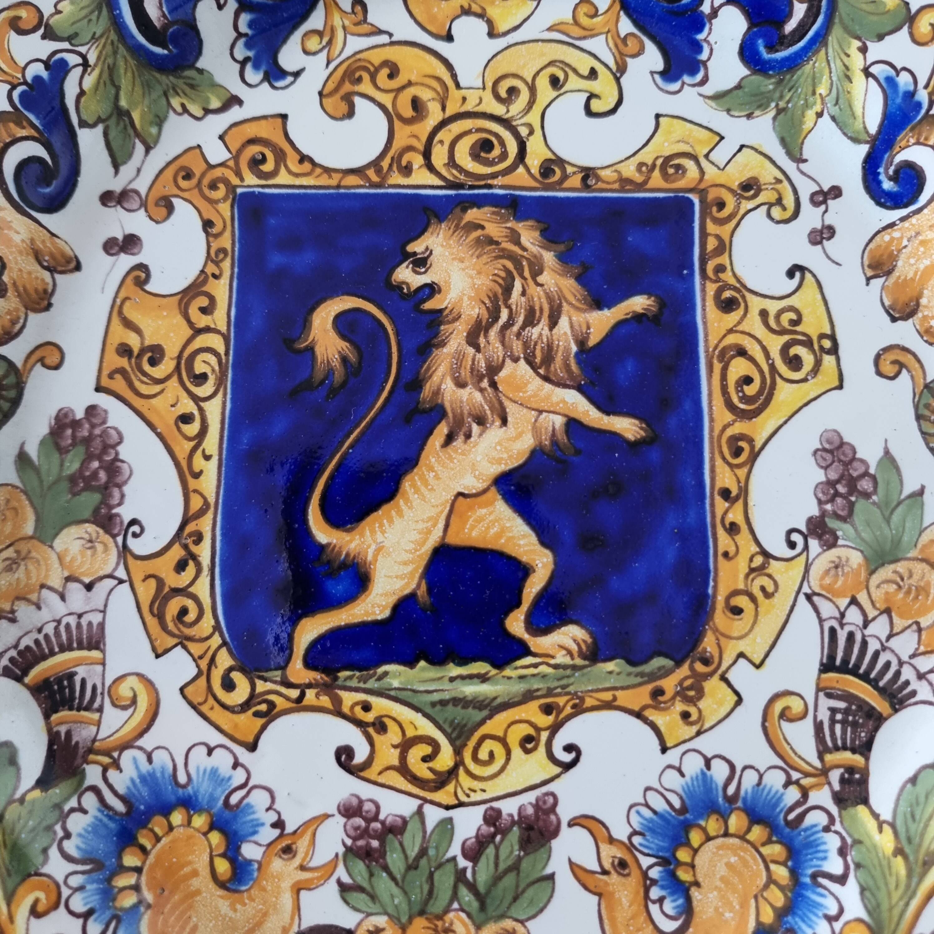 Magnificent antique French earthenware plate with shields signed Keller