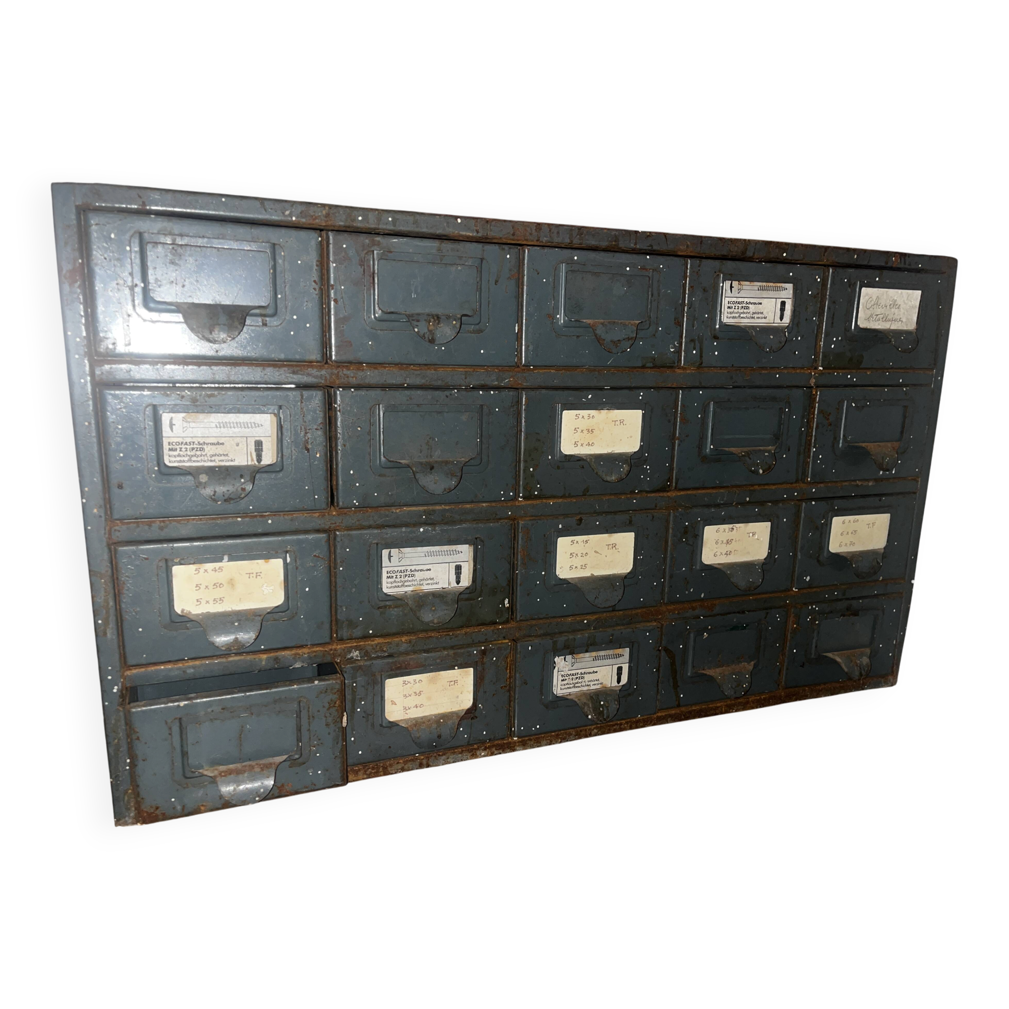 Industrial metal workshop cabinet, 20 drawers, original patina.