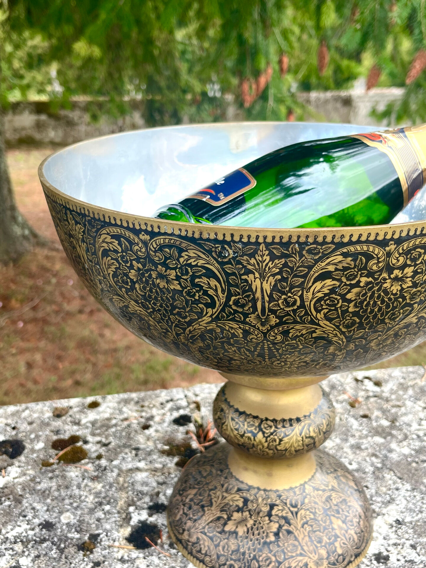 Ornate Floral Pedestal Champagne Cooler, brass ice bucket