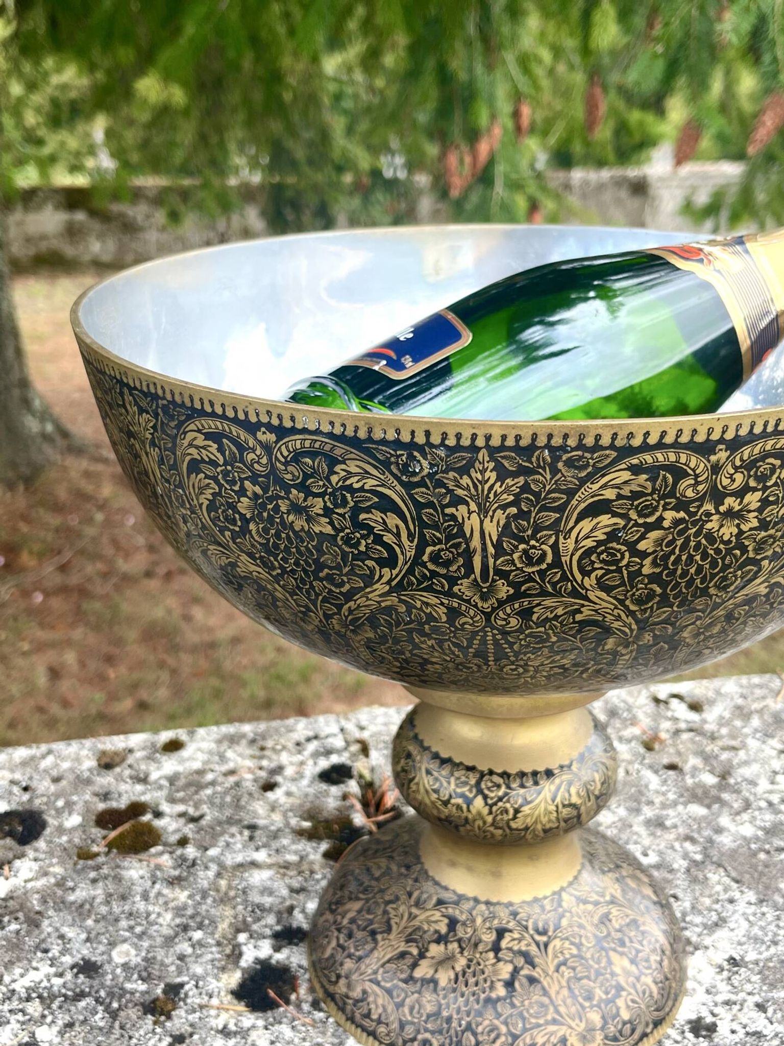 Ornate Floral Pedestal Champagne Cooler, brass ice bucket