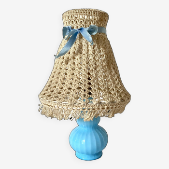 Chatard blue opaline bedside lamp, crochet lampshade