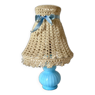 Chatard blue opaline bedside lamp, crochet lampshade