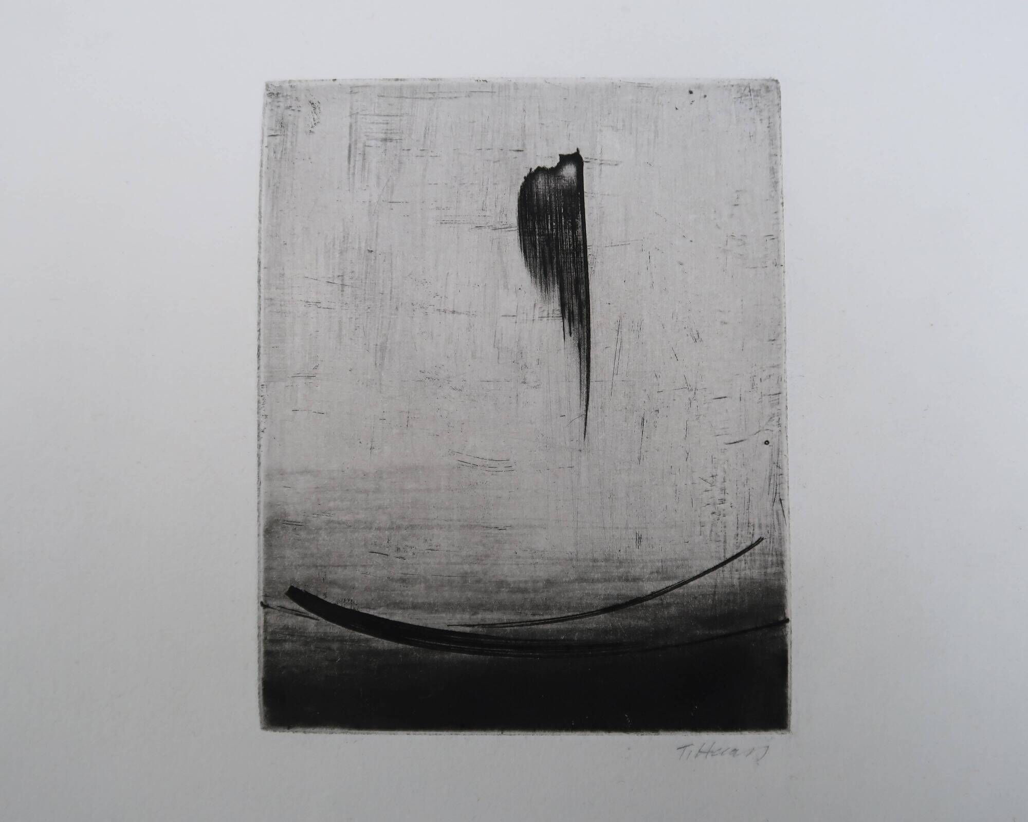 Gravure abstraite minimaliste en noir et blanc de Terry Haass, années 60