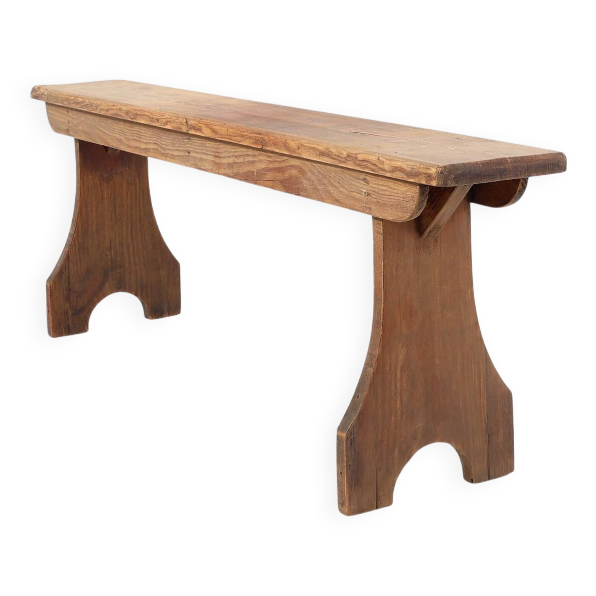 Rustic natural oak wooden bench with rounded details, France ca. 1900