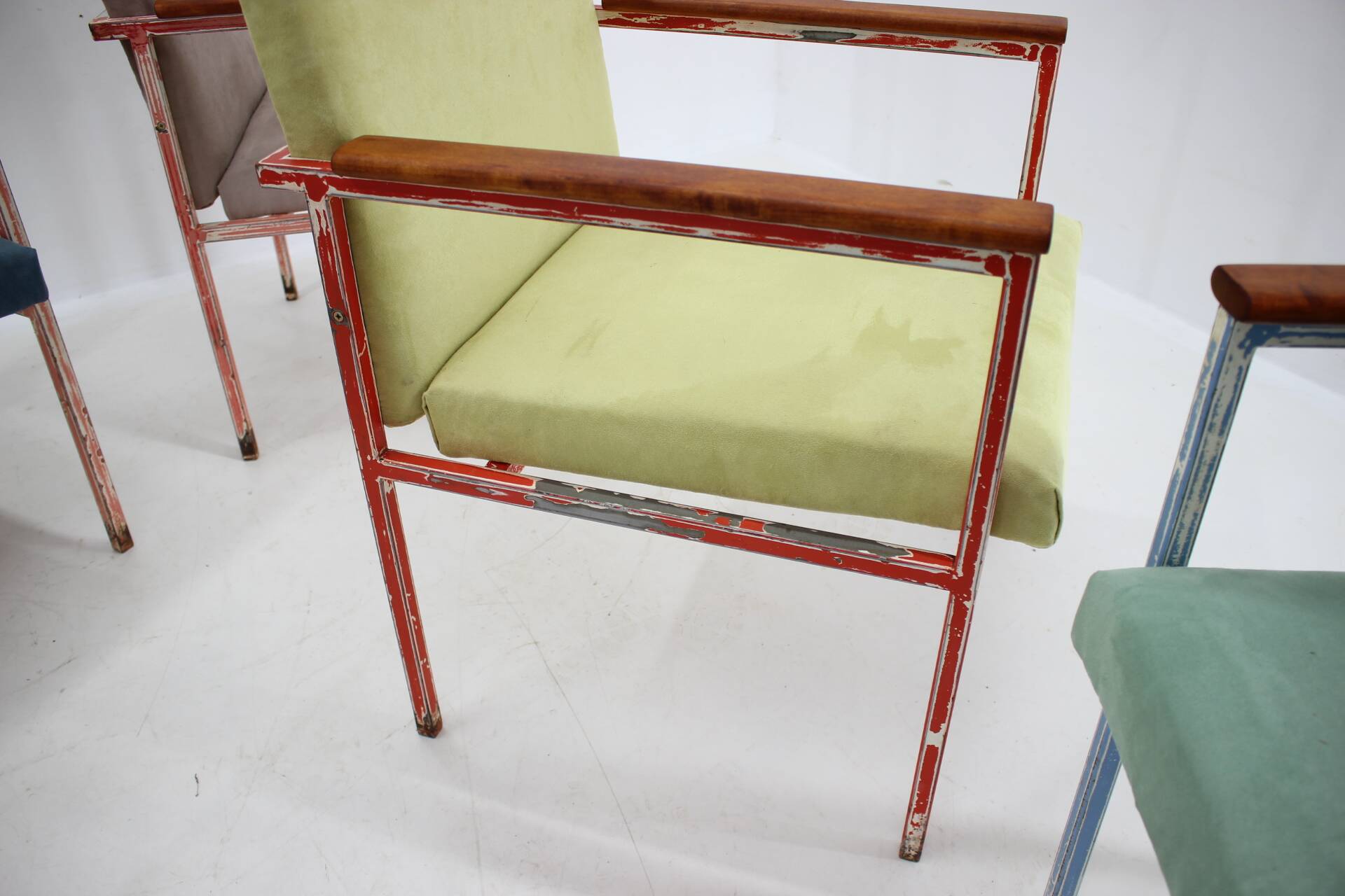 1960s Set of Eight Iron and Wood Armchairs/Dining Chairs,Czechoslovakia