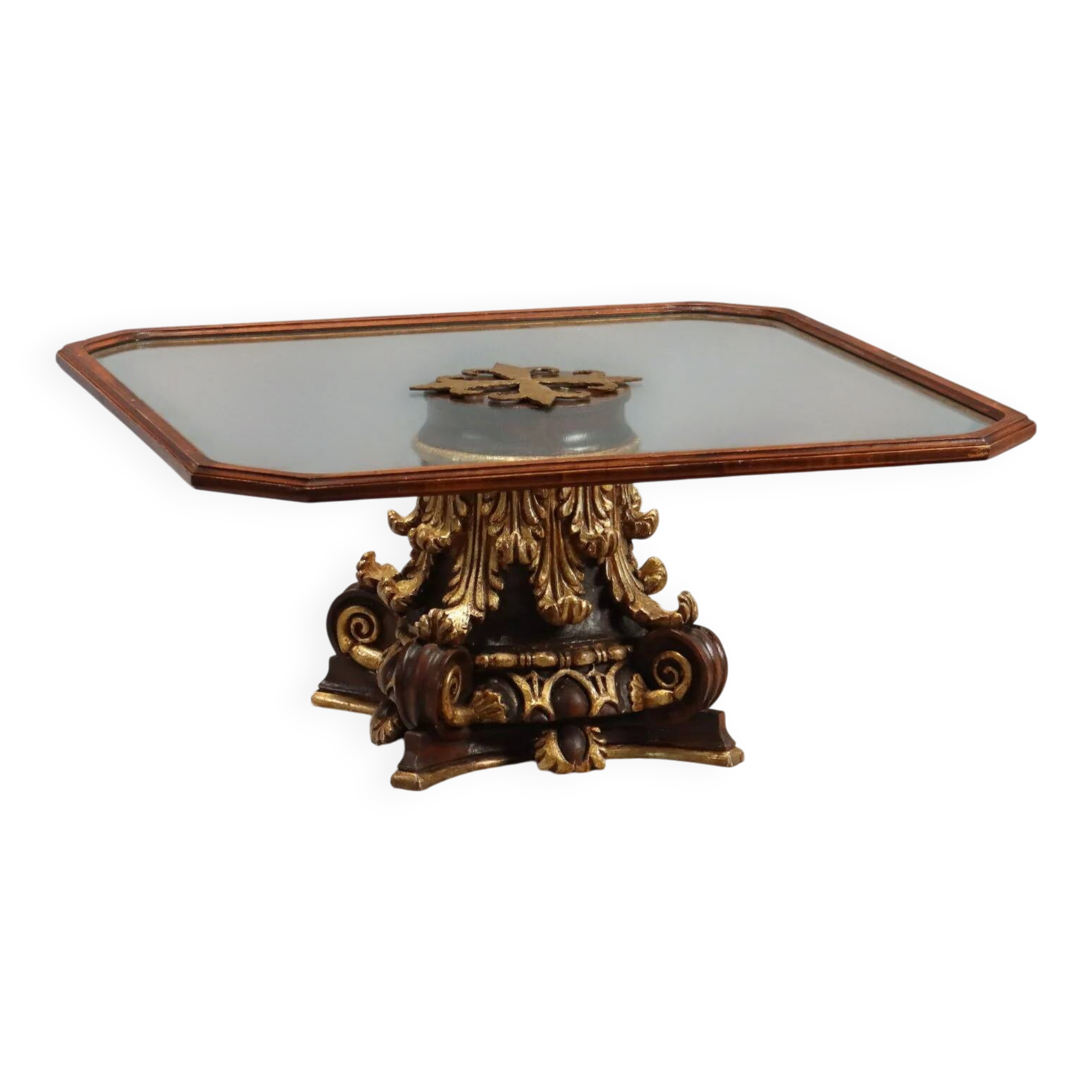 Antique coffee table in glass and wood, Italy, 20th century