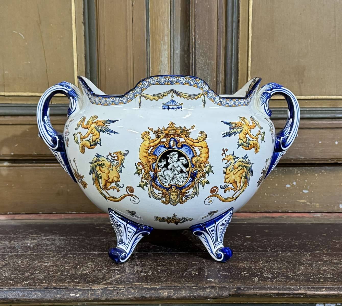 Gien earthenware cache pot from the late 19th century with Renaissance decoration.