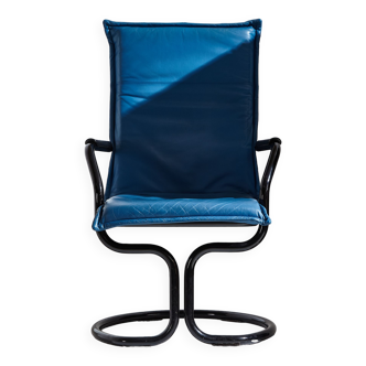 Tubular armchair with blue leather upholstery 1980