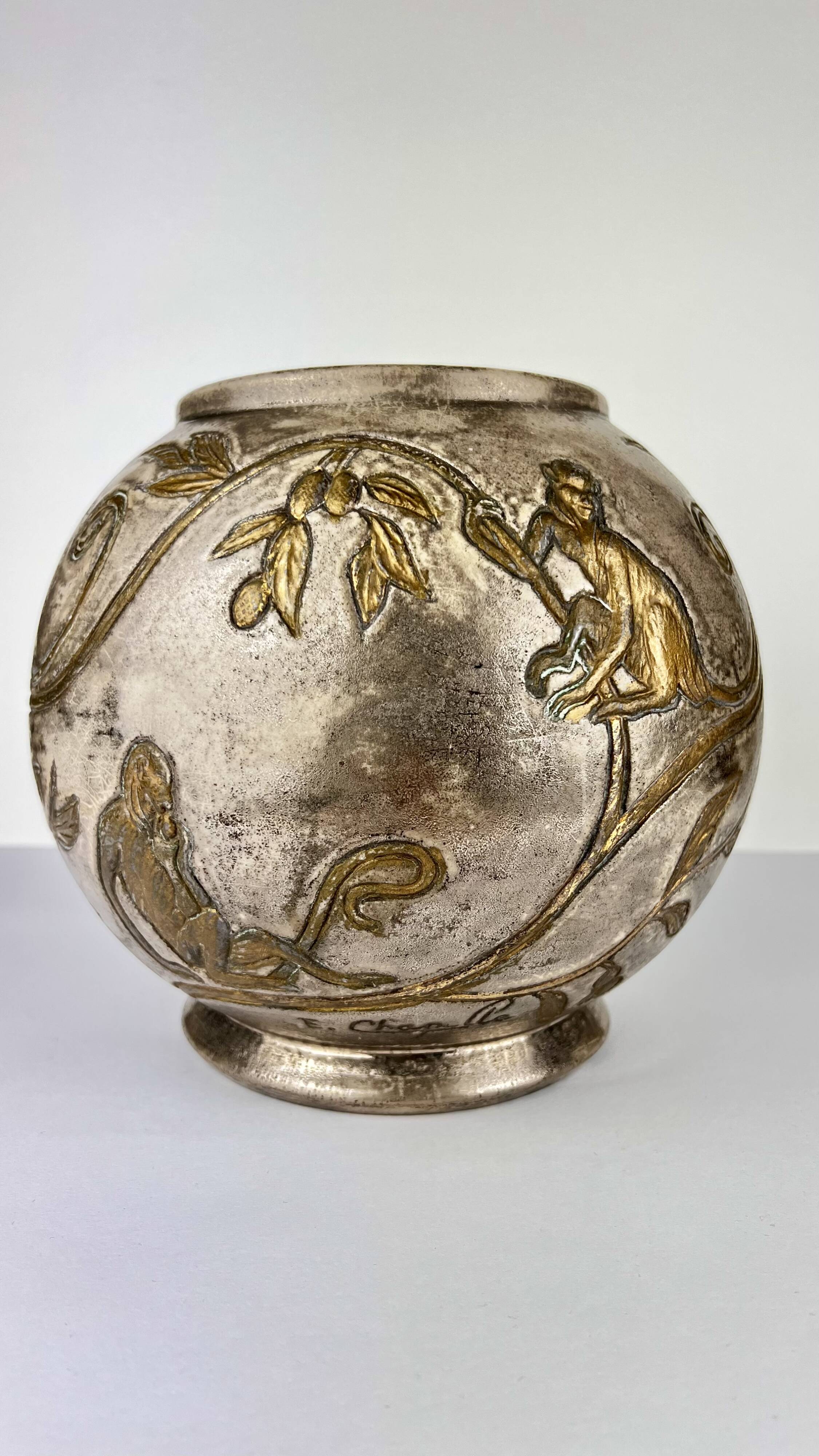 Art Nouveau monkey and plant vase E.Chapelle
