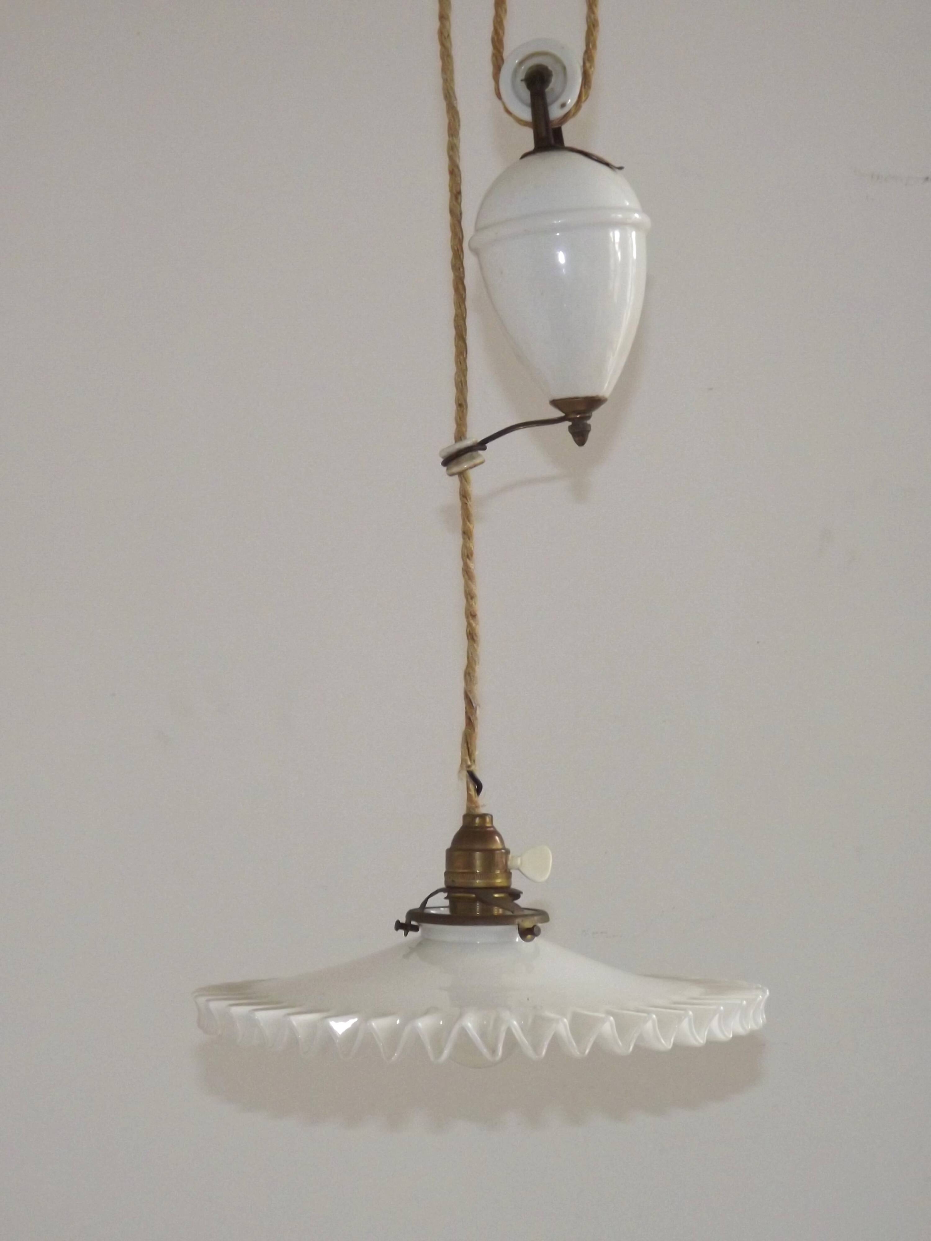 Vintage French Rise & Fall Counterbalance Ceiling Light Opaline Glass Shade
