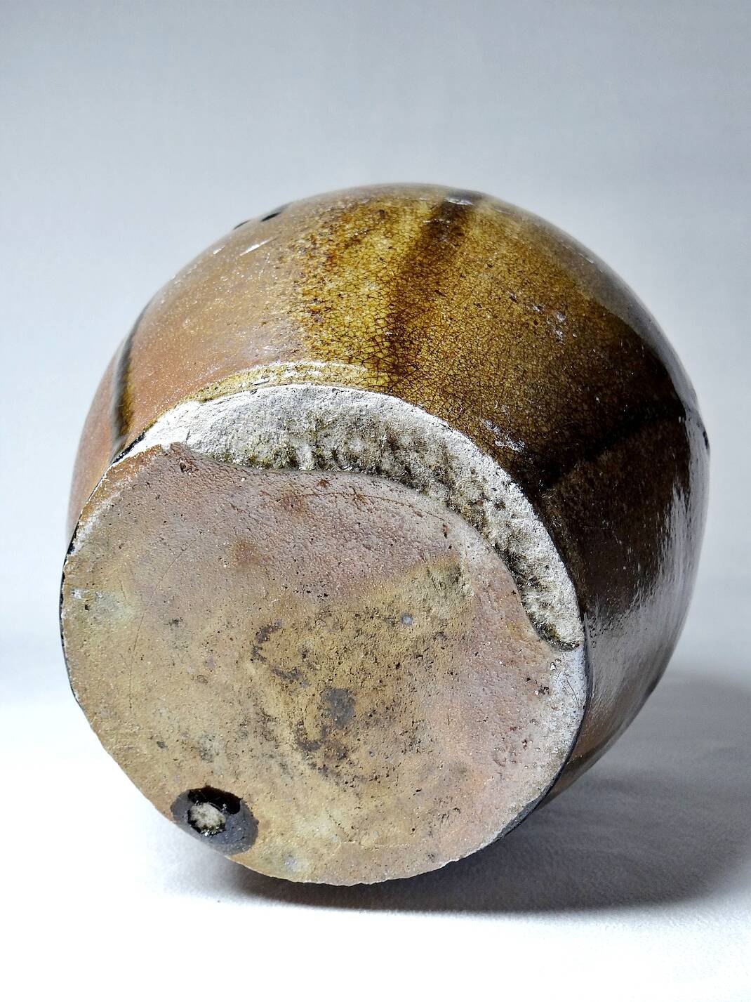 Old stoneware oil jar, glazed and enamelled, 2 handles