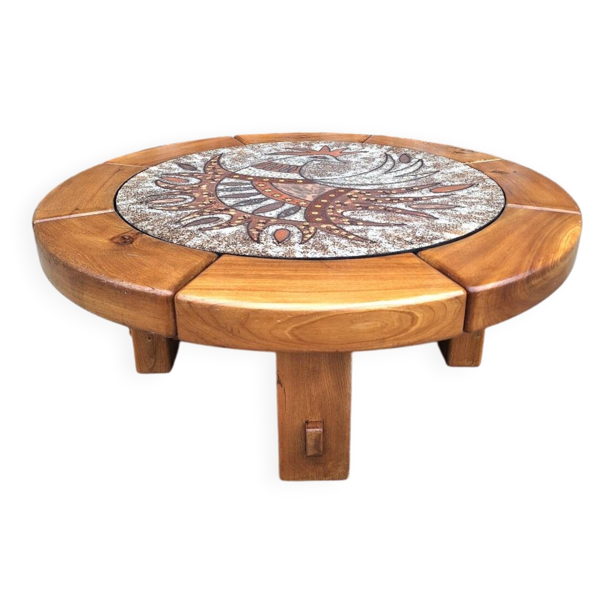 Table basse vintage en orme et céramique