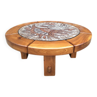 Vintage elm and ceramic coffee table, living room furniture.