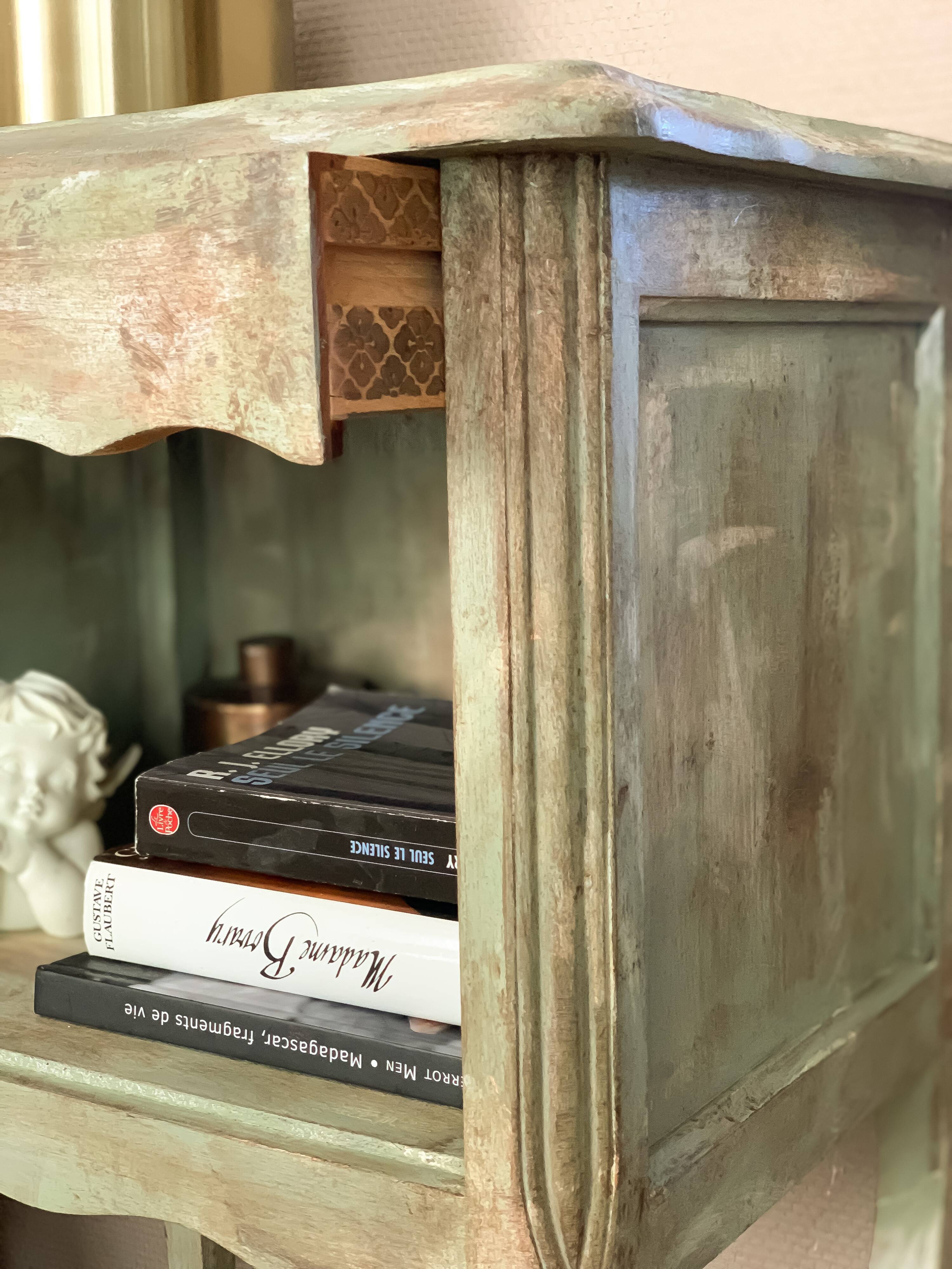 Refurbished patinated olive green bedside or side table