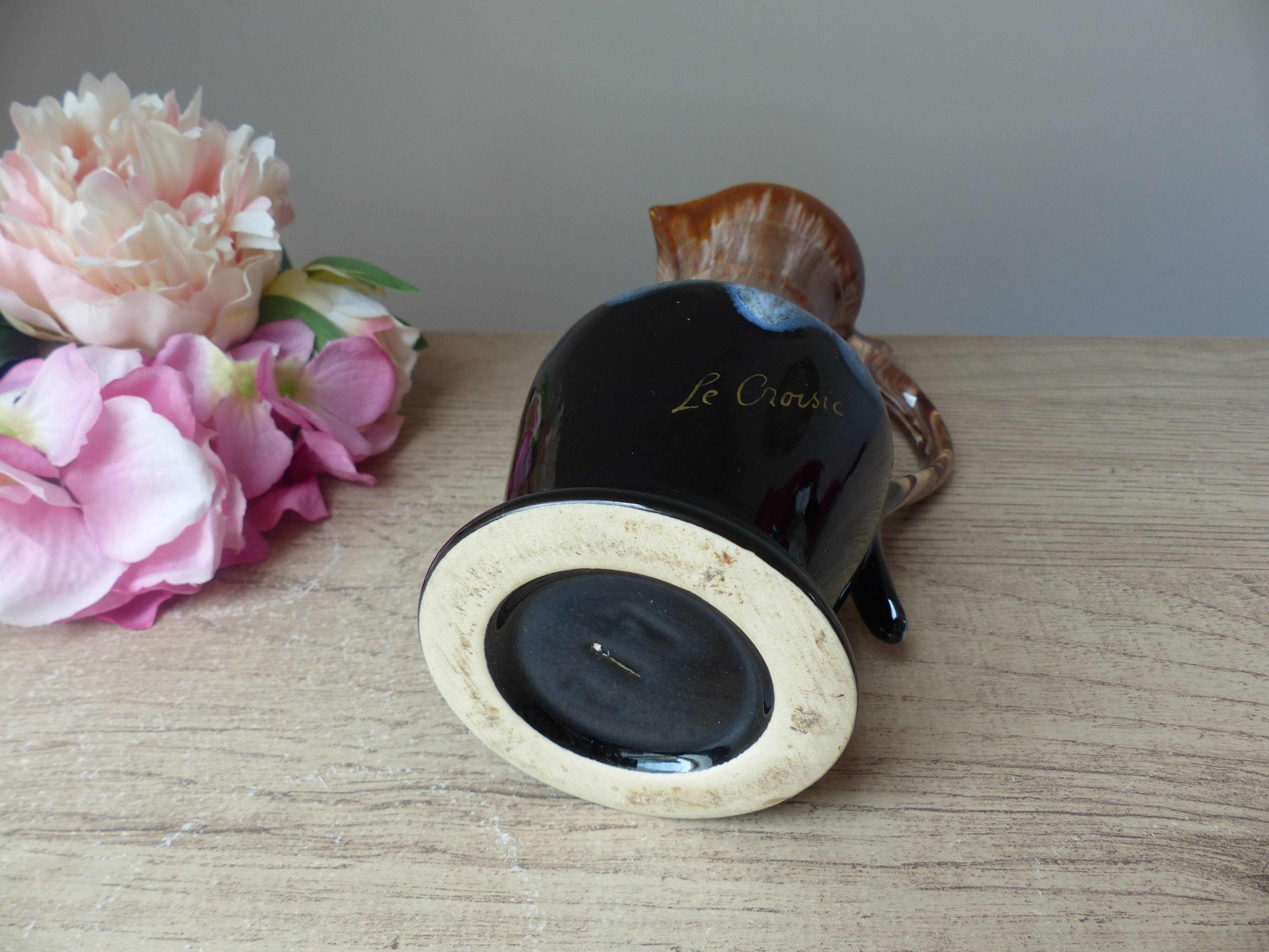 Old wine pitcher carafe in brown and blue flamed stoneware vintage 1960