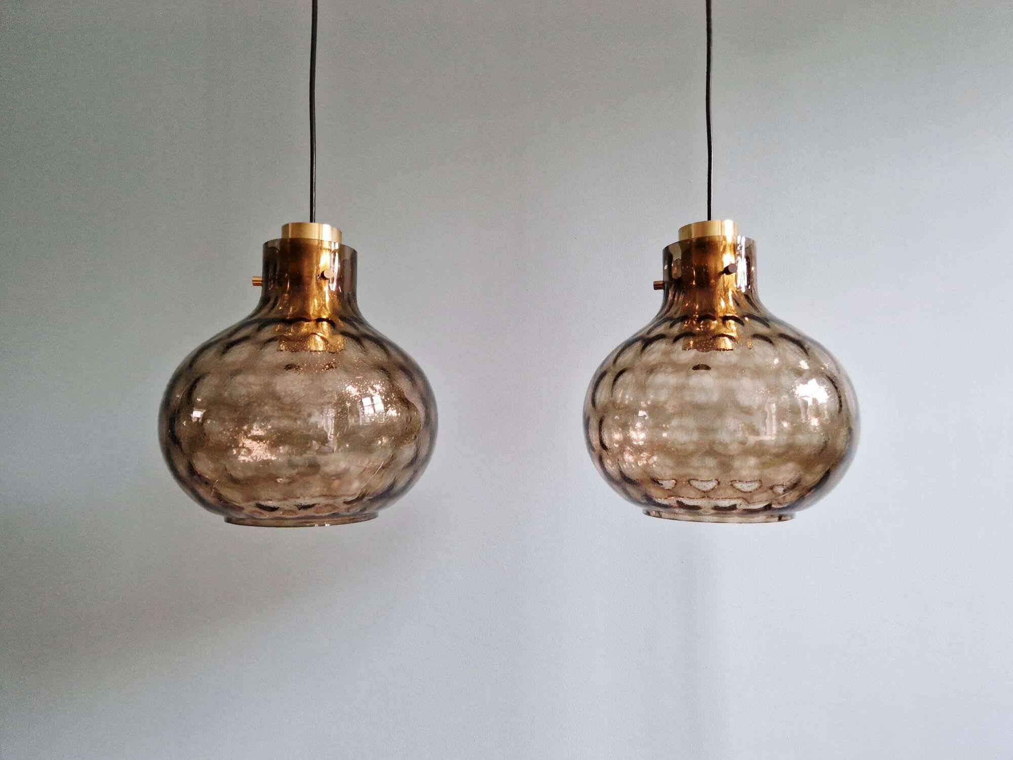 Pair of honeycomb smoked glass pendants, Glasshütte Limburg, 1970