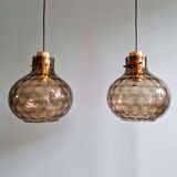 Pair of honeycomb smoked glass pendants, Glasshütte Limburg, 1970