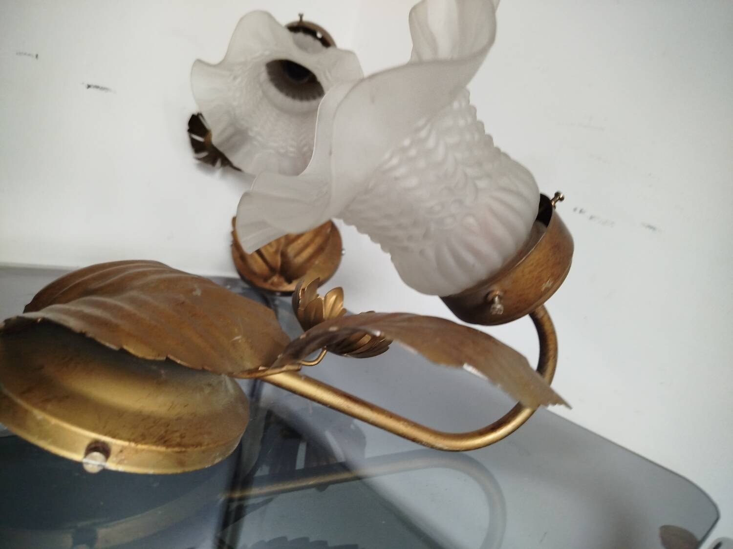 Pair of vintage flower & leaf style wall sconces - molded glass