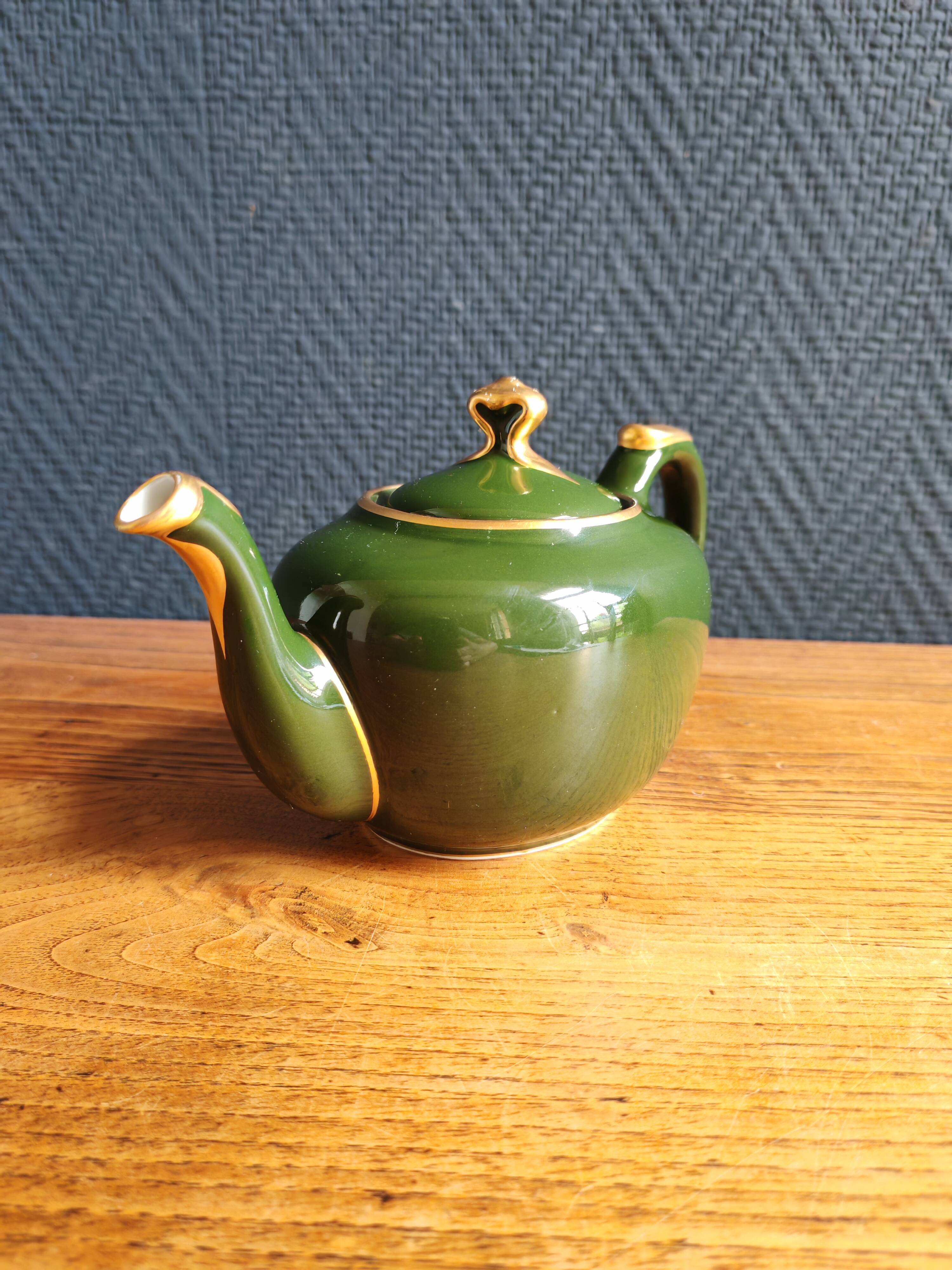 Vintage Teapot Mehun France Numbered, Green and Gold Porcelain