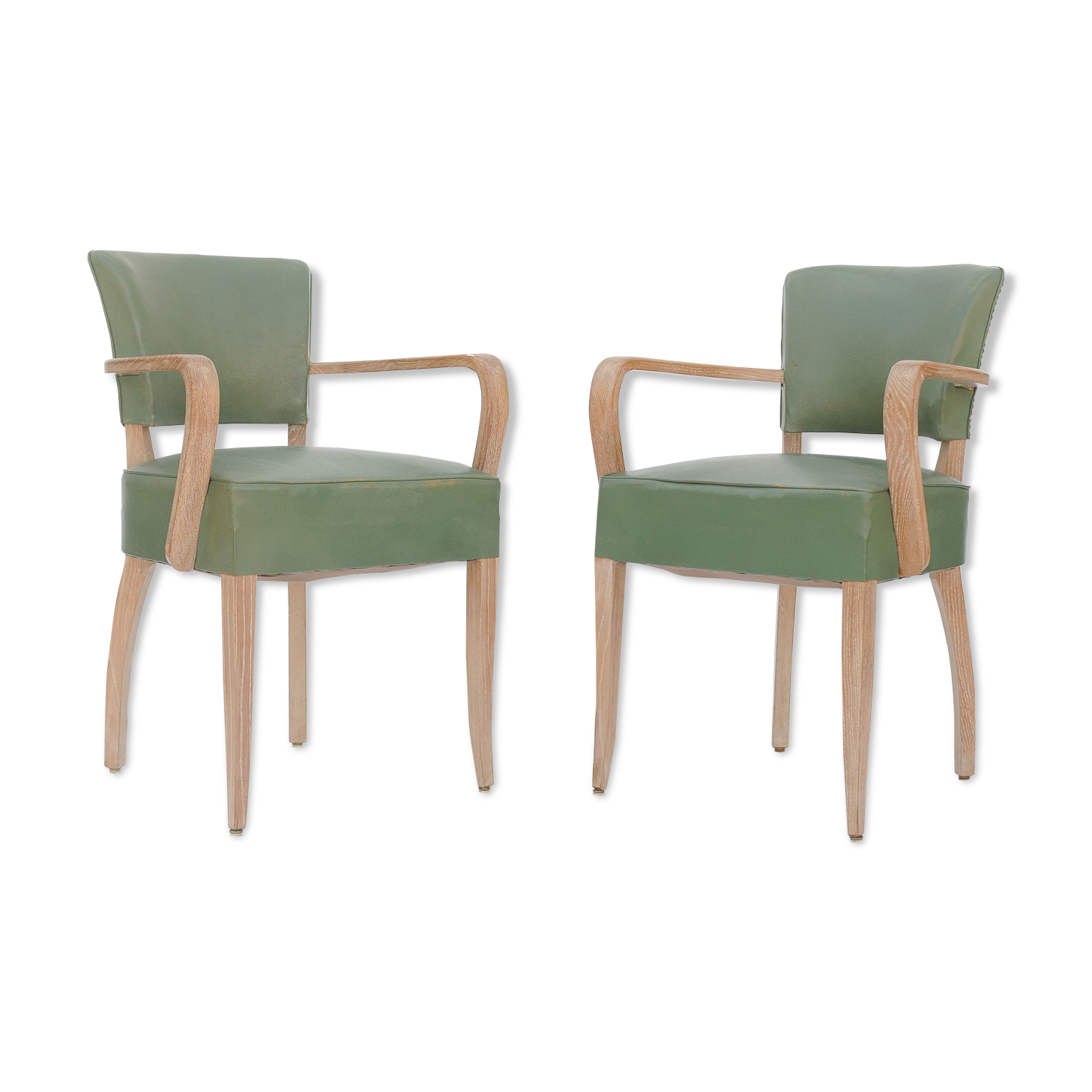 Pair of bridge chairs in cerus wood and green leather