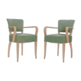Pair of bridge chairs in cerus wood and green leather
