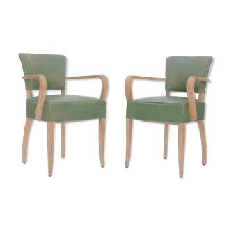 Pair of bridge chairs in cerus wood and green leather