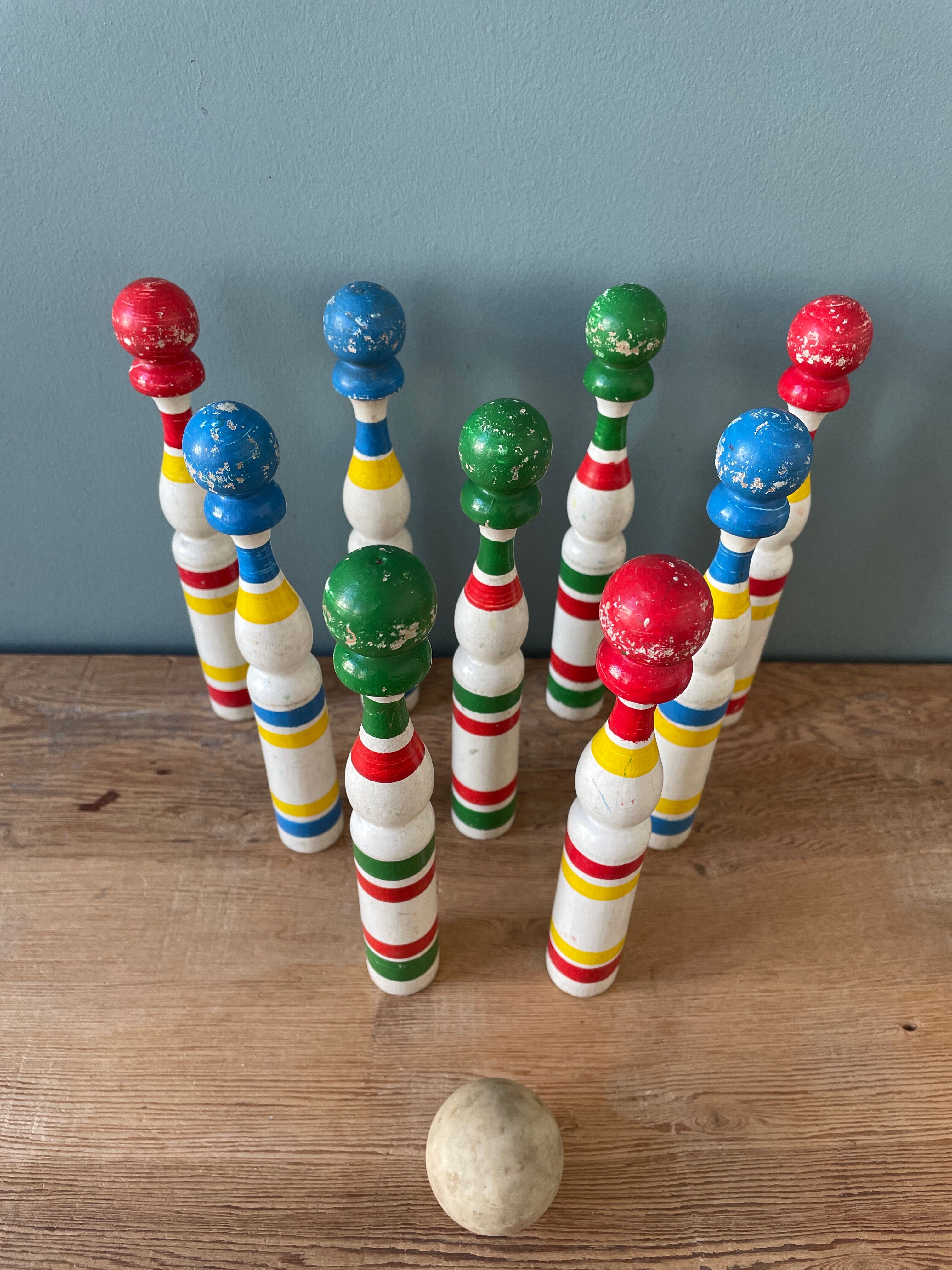 Old painted wooden bowling game