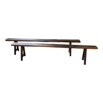 Paire de bancs en noyer et chêne massif 230 cm