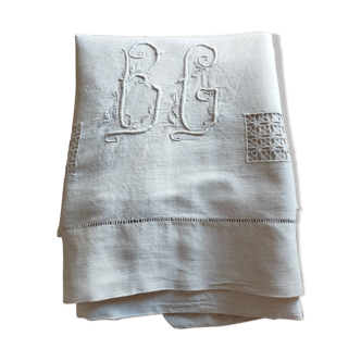 Drap en lin XIX monogramme EG carré ms de jour sur découverte