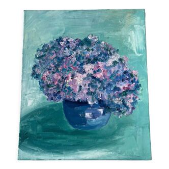 Tableau peinture à l’huile fleurs hortensias bleu