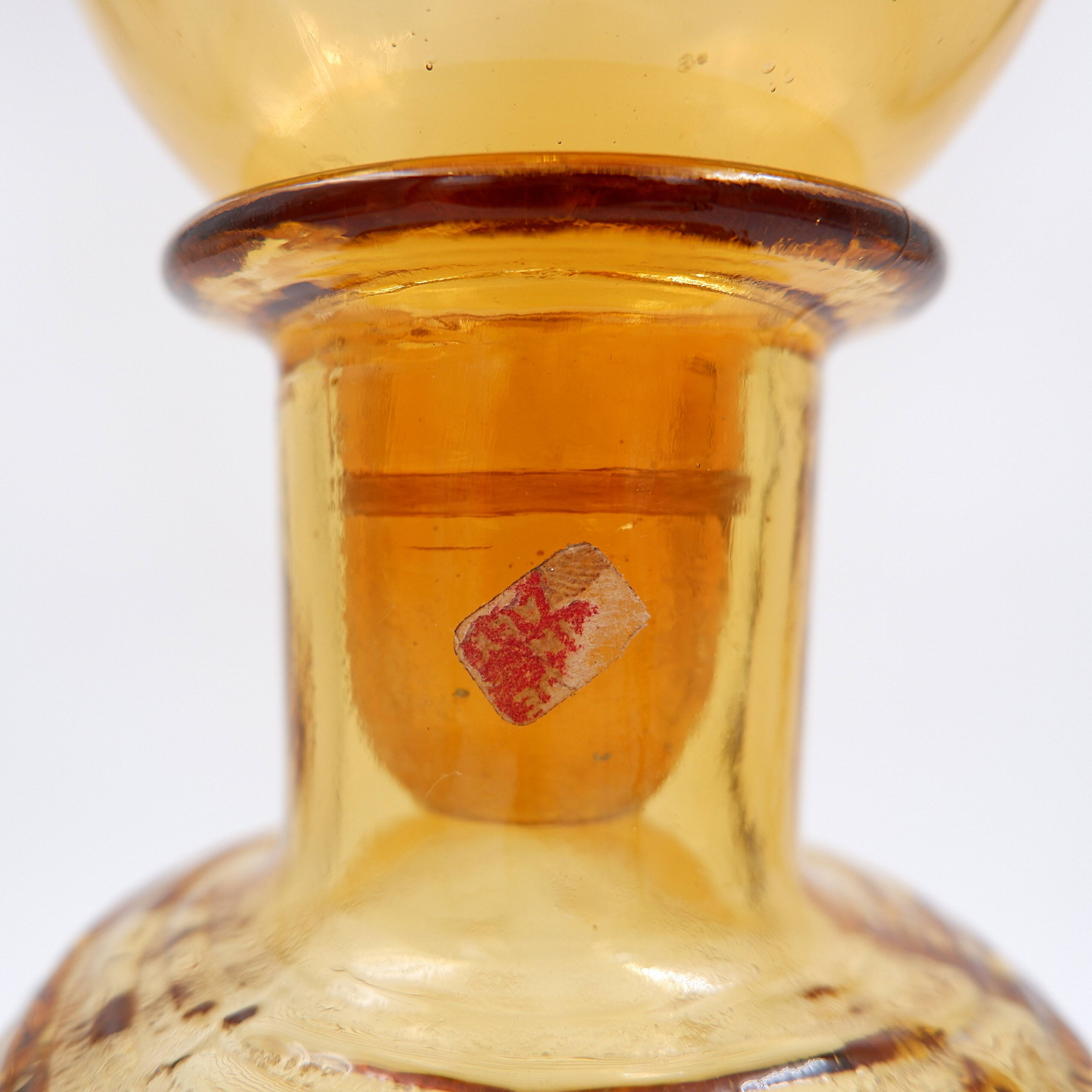 Vintage Italian MCM Empoli Wavy Amber Glass Decanter with Round Ball Stopper