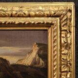 Antique landscape painting with men-at-arms from the 17th century