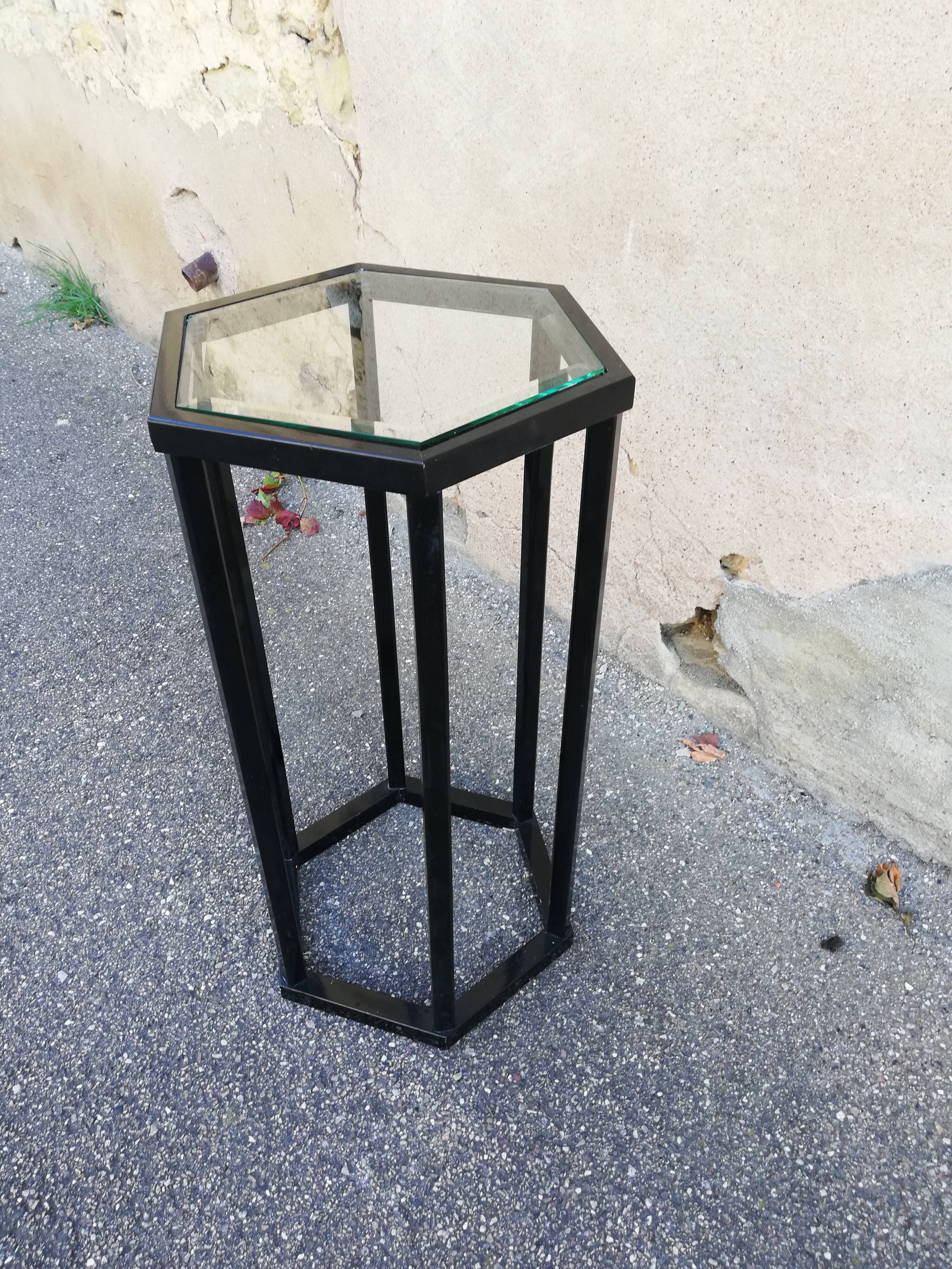 Vintage pedestal table wood and glass