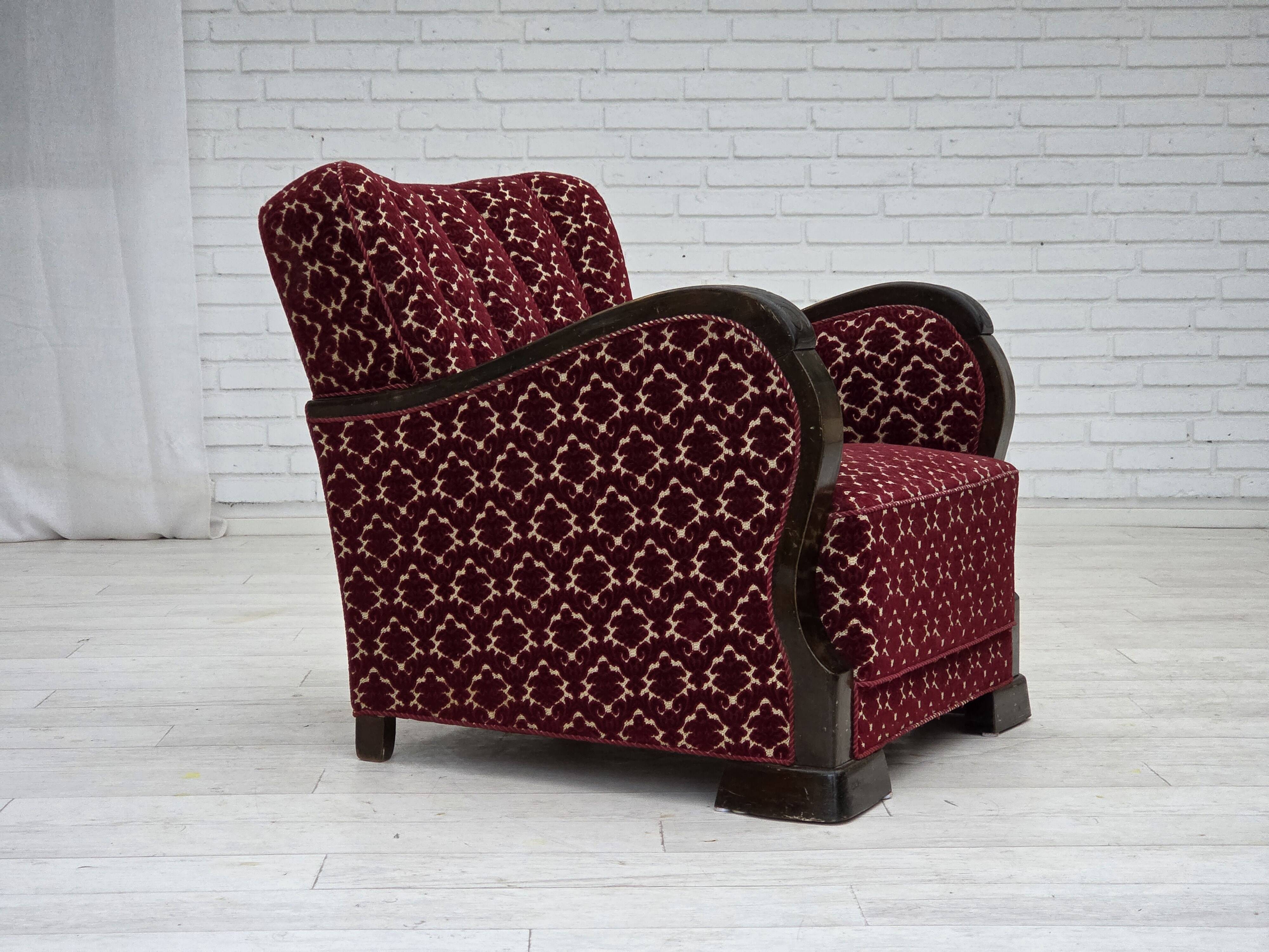 1960s, Danish armchair, cherry-red furniture velour, oak wood.