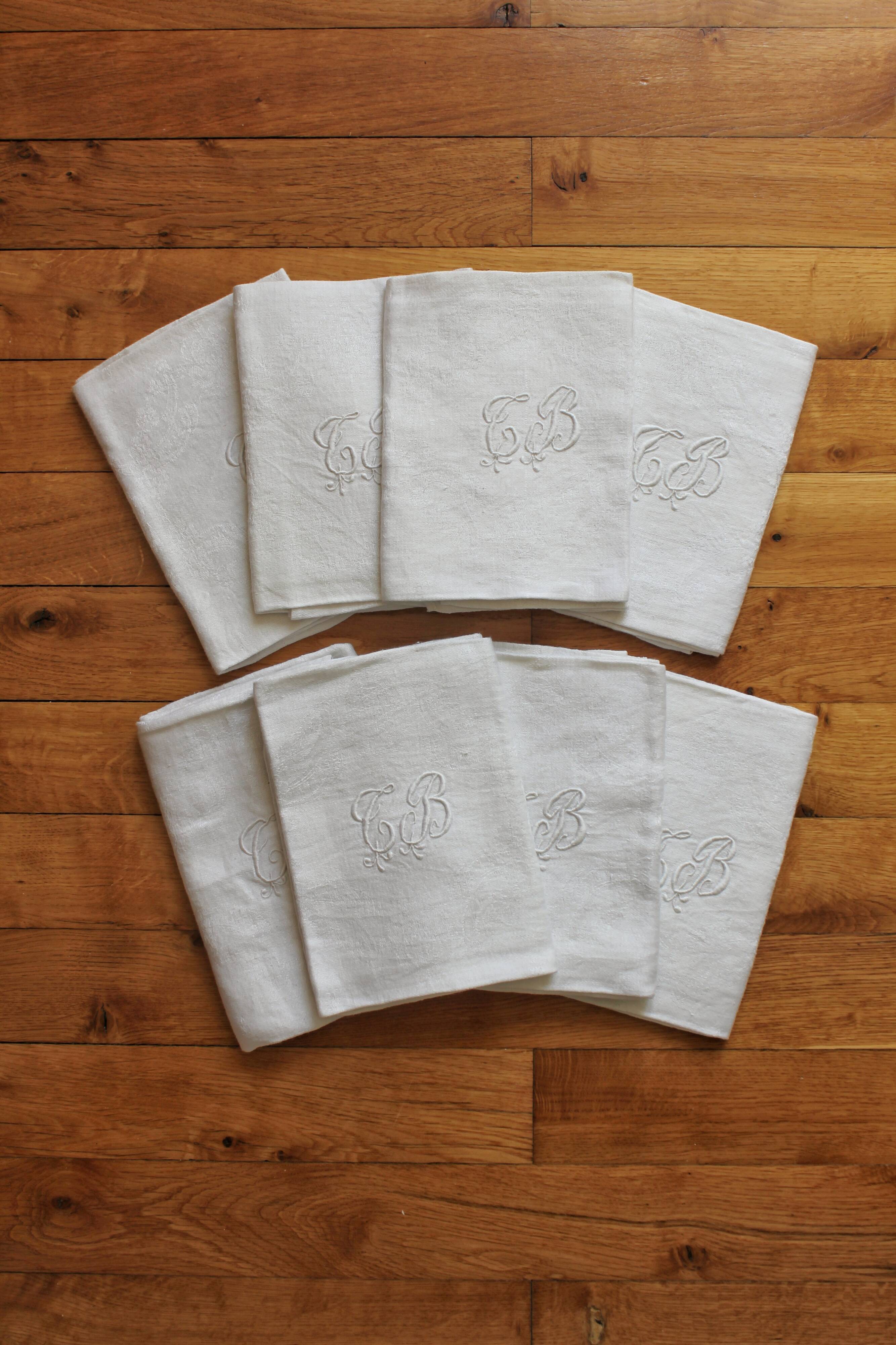 8 antique napkins in monogrammed and damask white linen