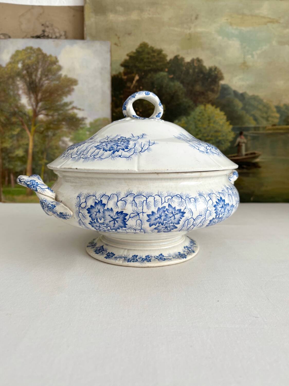 Antique ironstone tureen “Flora Lichen” Creil and Montereau