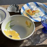 3 large Italian plates with blue stripes and lemons pattern
