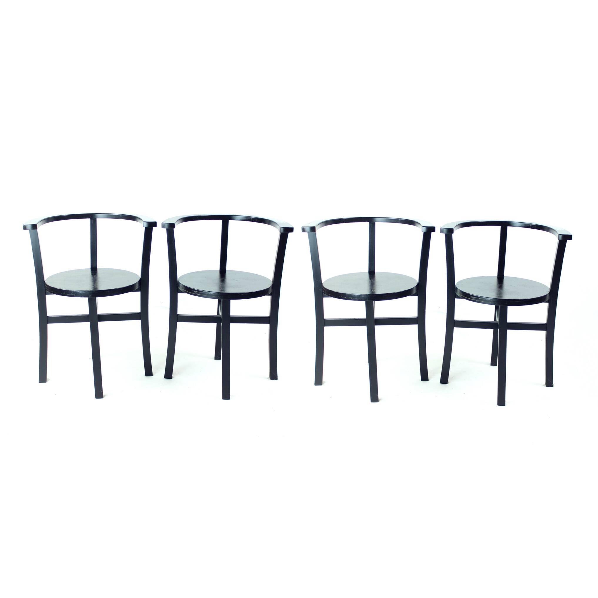 Set Of 4, Black Oak Dining Chairs, Czechoslovakia 1930s