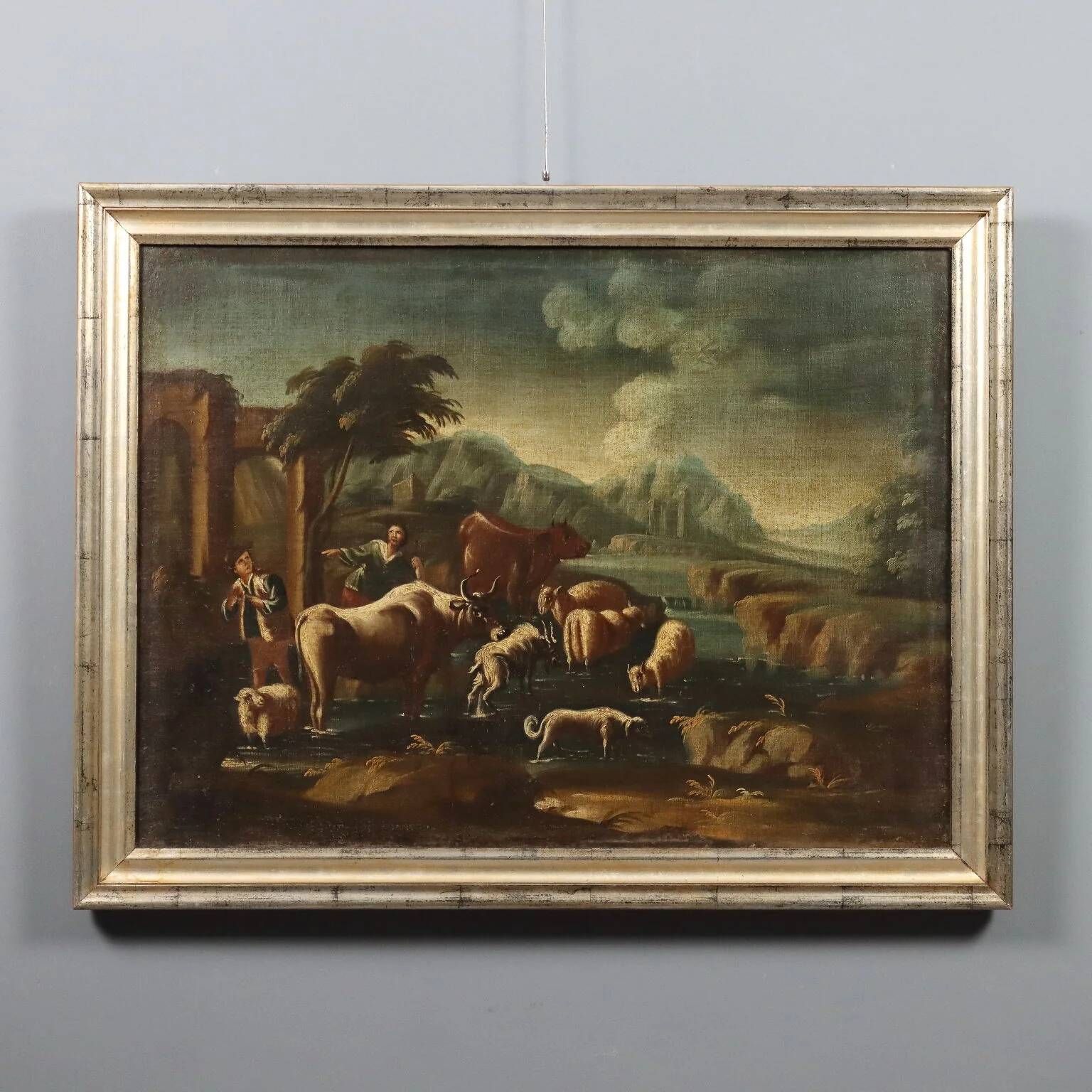 Ancient painting of a landscape with shepherds and herds, 18th century.