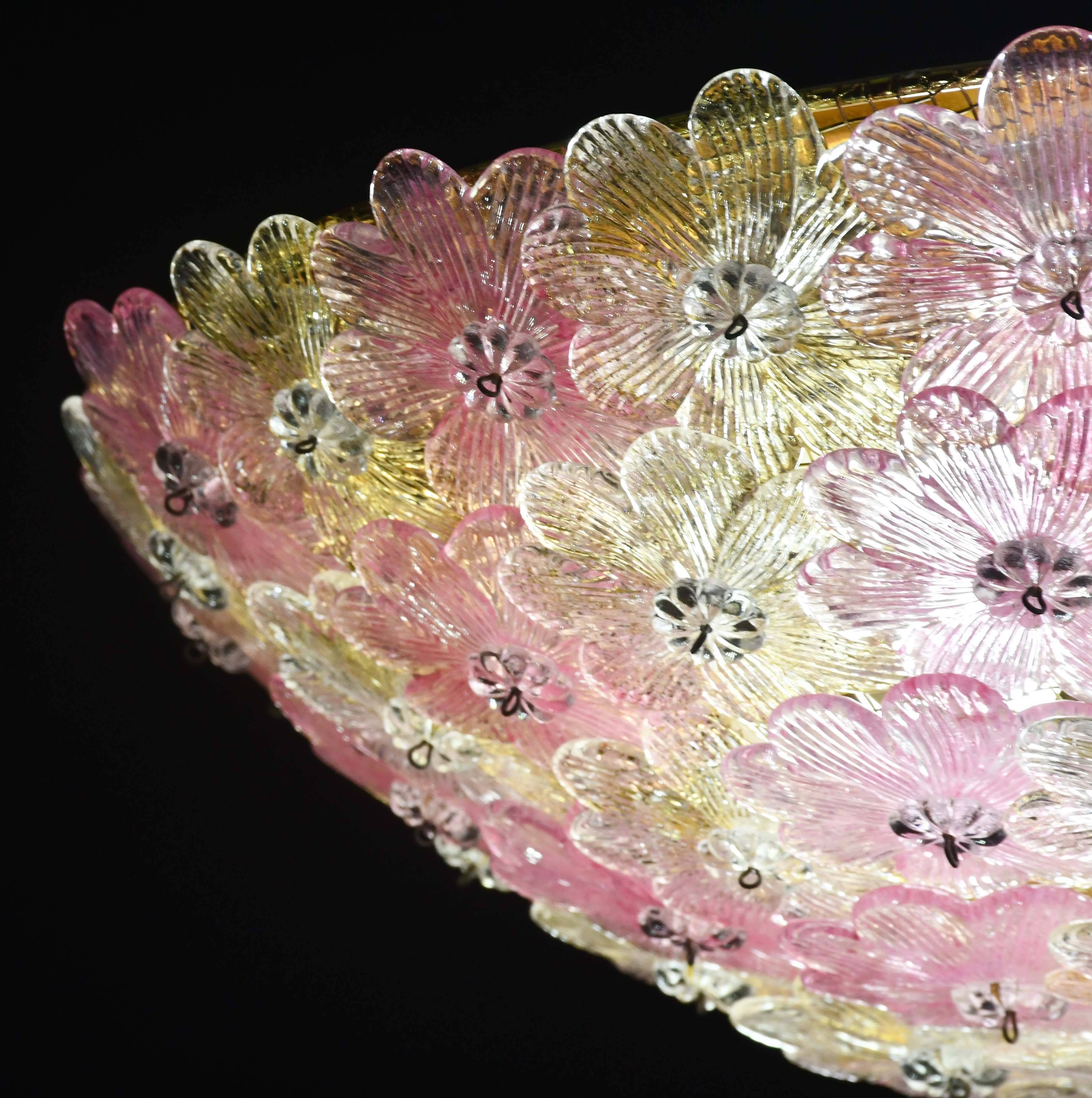 Amazing Pink and Gold Large Size Murano Ceiling Light Flower by Seguso