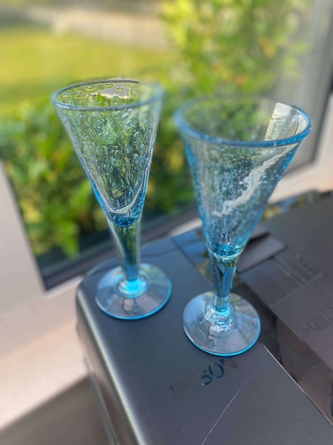 Pair of sky blue chalice or flute glasses