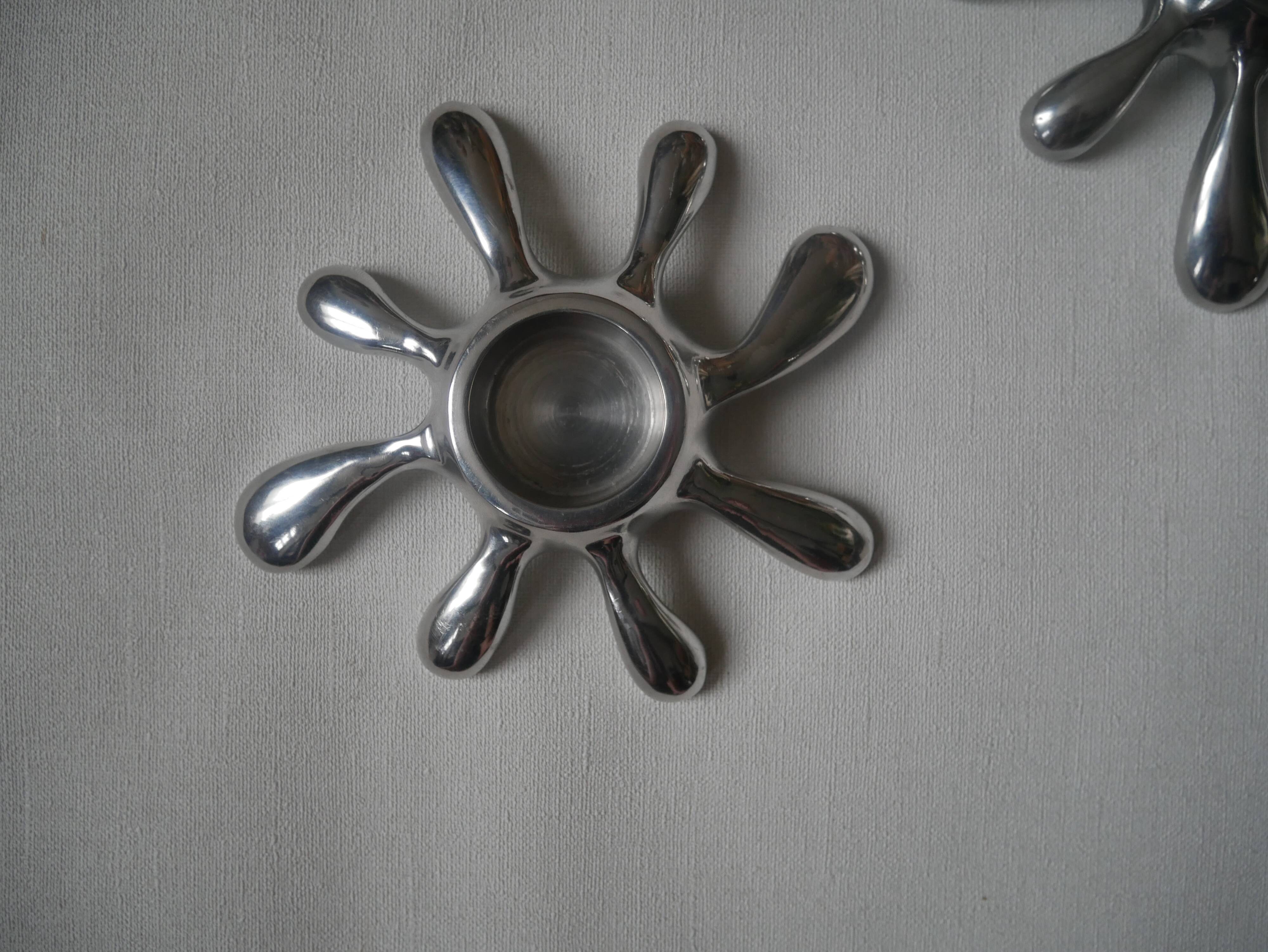 Pair of 80s 90s design aluminum candlesticks free form contemporary silver metal